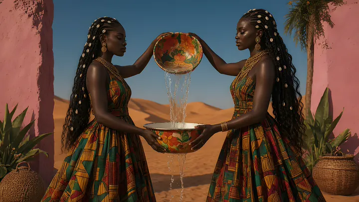 Two women in kente gowns pour water between bowls in the desert