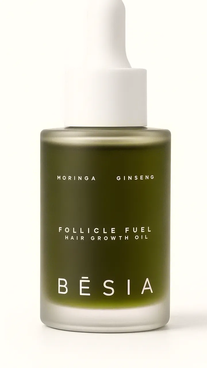 The frosted green Follicle Fuel Hair Growth Oil bottle